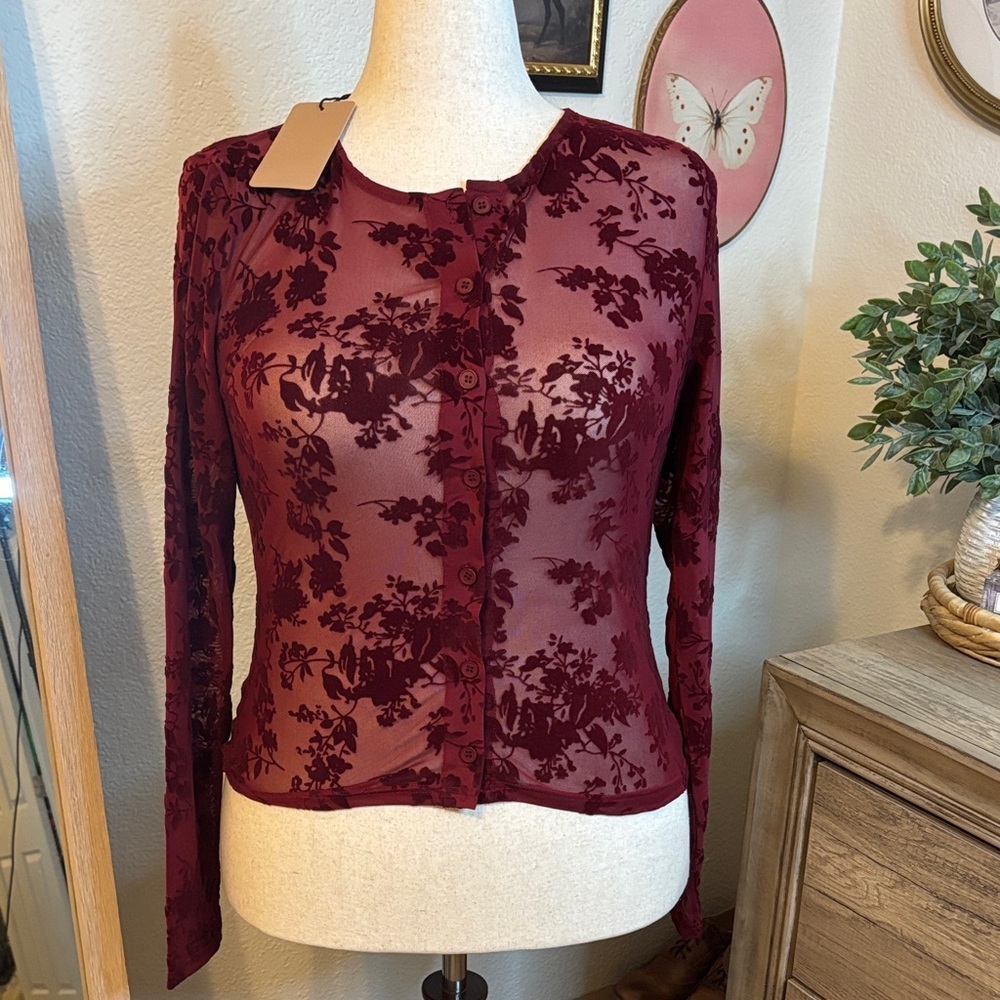 Sunday Edition-Burgundy Floral Burnout Button-Up Top-Size Large